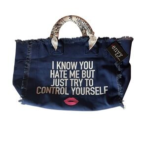 Envy Blue Canvas Tote with Pink Lip Accent